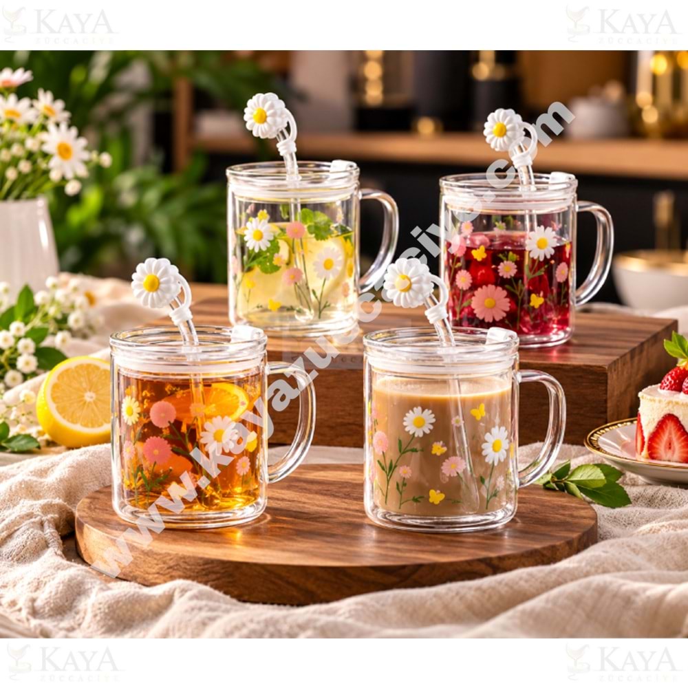 BY COMO KUPA CAM PİPETLİ PAPATYA FİGÜRLÜ 450 ML 1*48