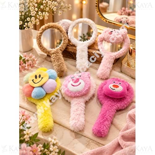 MNG AYNA PELUŞ HAYVAN FİGÜRLÜ TUTMALI YUVARLAK AYNA 1*16
